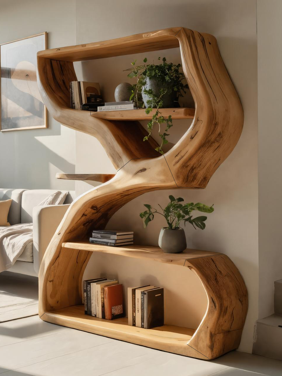 Modern Sculptural Bookshelf With S Shaped Design For Living Room Kitchnce
