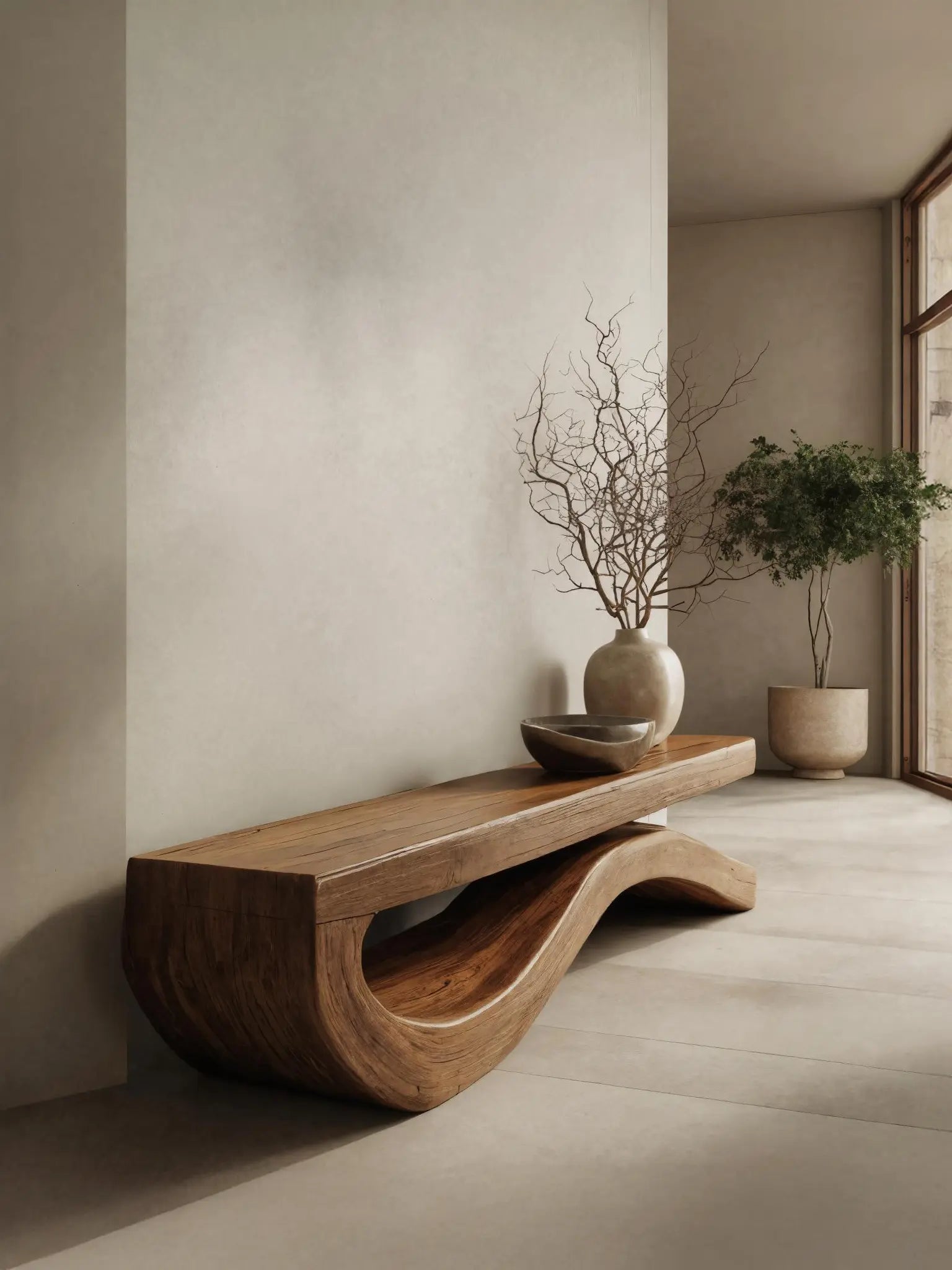 Modern Bench With Flowing Curved Base For Entryway Kitchnce