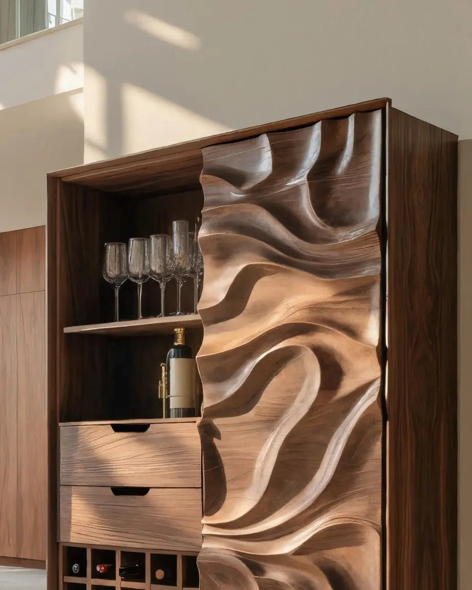 Sculptural Bar Cabinet With Wave Carved Doors For Kitchen Kitchnce