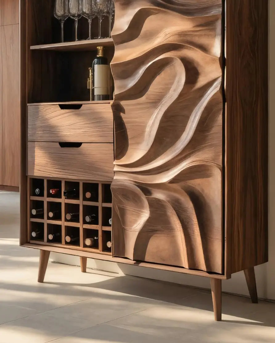 Sculptural Bar Cabinet With Wave Carved Doors For Kitchen Kitchnce