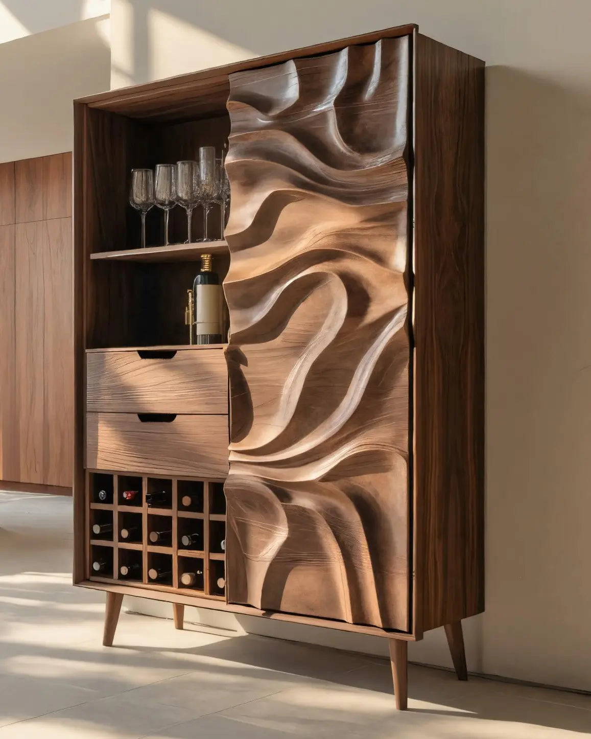 Sculptural Bar Cabinet With Wave Carved Doors For Kitchen Kitchnce