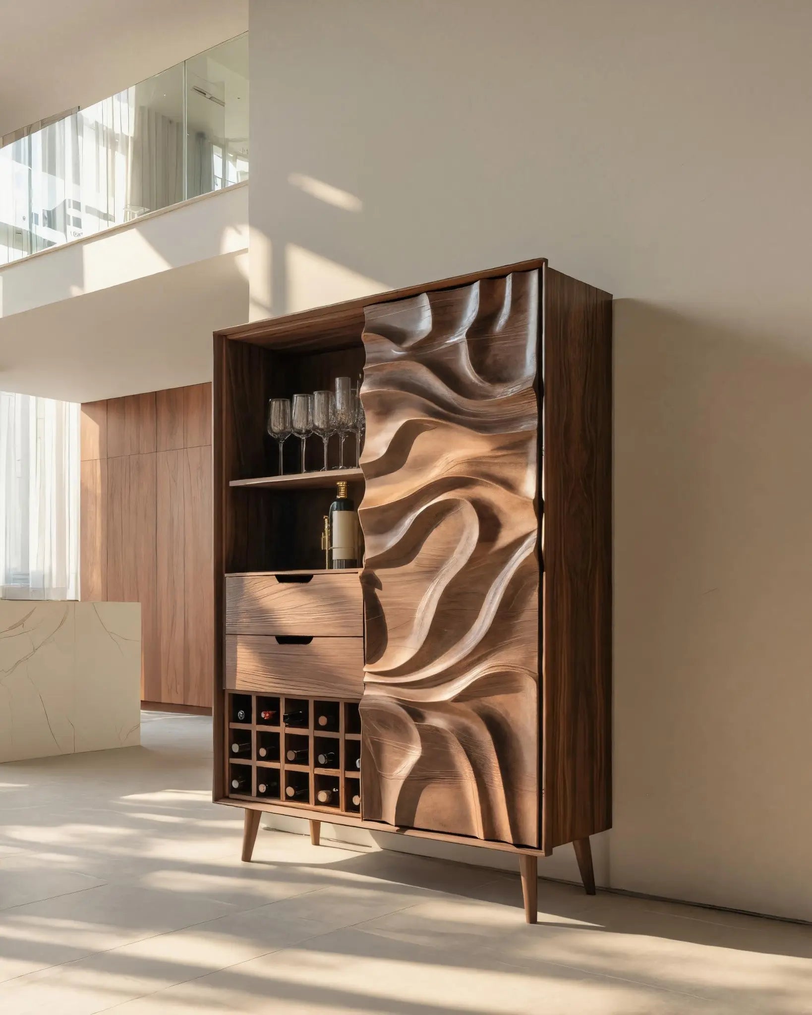 Sculptural Bar Cabinet With Wave Carved Doors For Kitchen Kitchnce