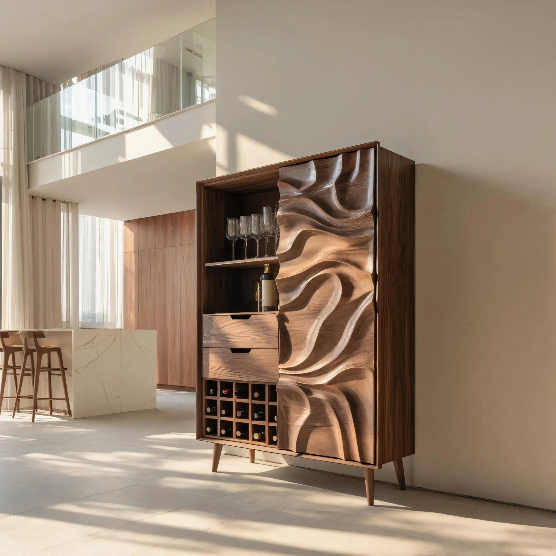 Sculptural Bar Cabinet With Wave Carved Doors For Kitchen Kitchnce