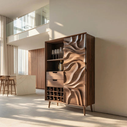 Sculptural Bar Cabinet With Wave Carved Doors For Kitchen Kitchnce
