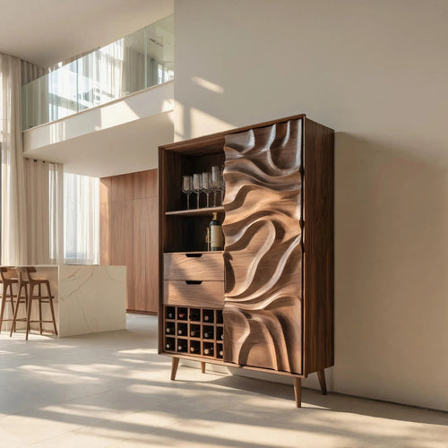 Sculptural Bar Cabinet With Wave Carved Doors For Kitchen Kitchnce