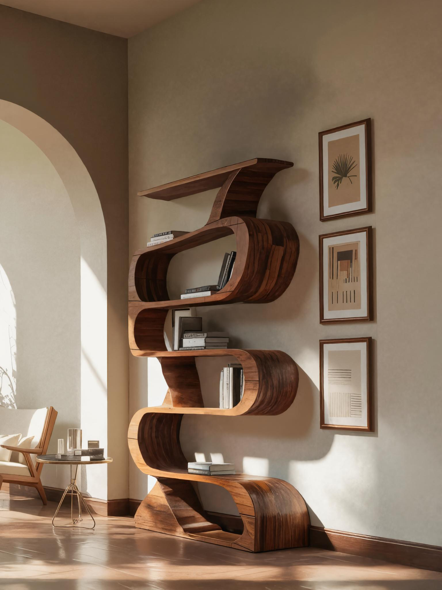 Modern Bookshelf With Curved Design For Living Room Kitchnce