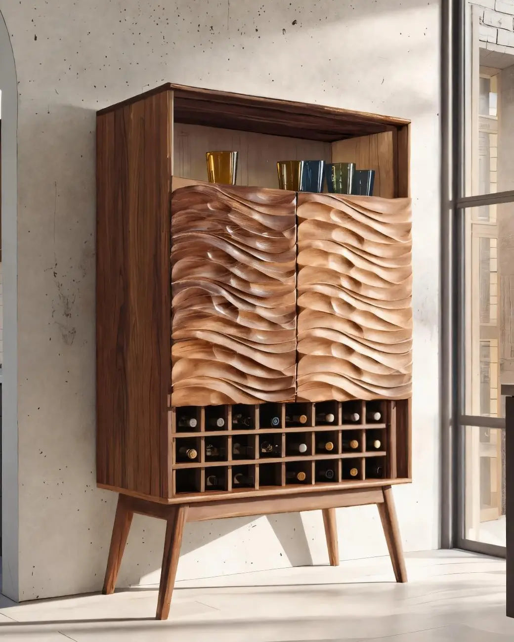 Modern Wine Cabinet With Wave Carved Doors For Kitchen Kitchnce