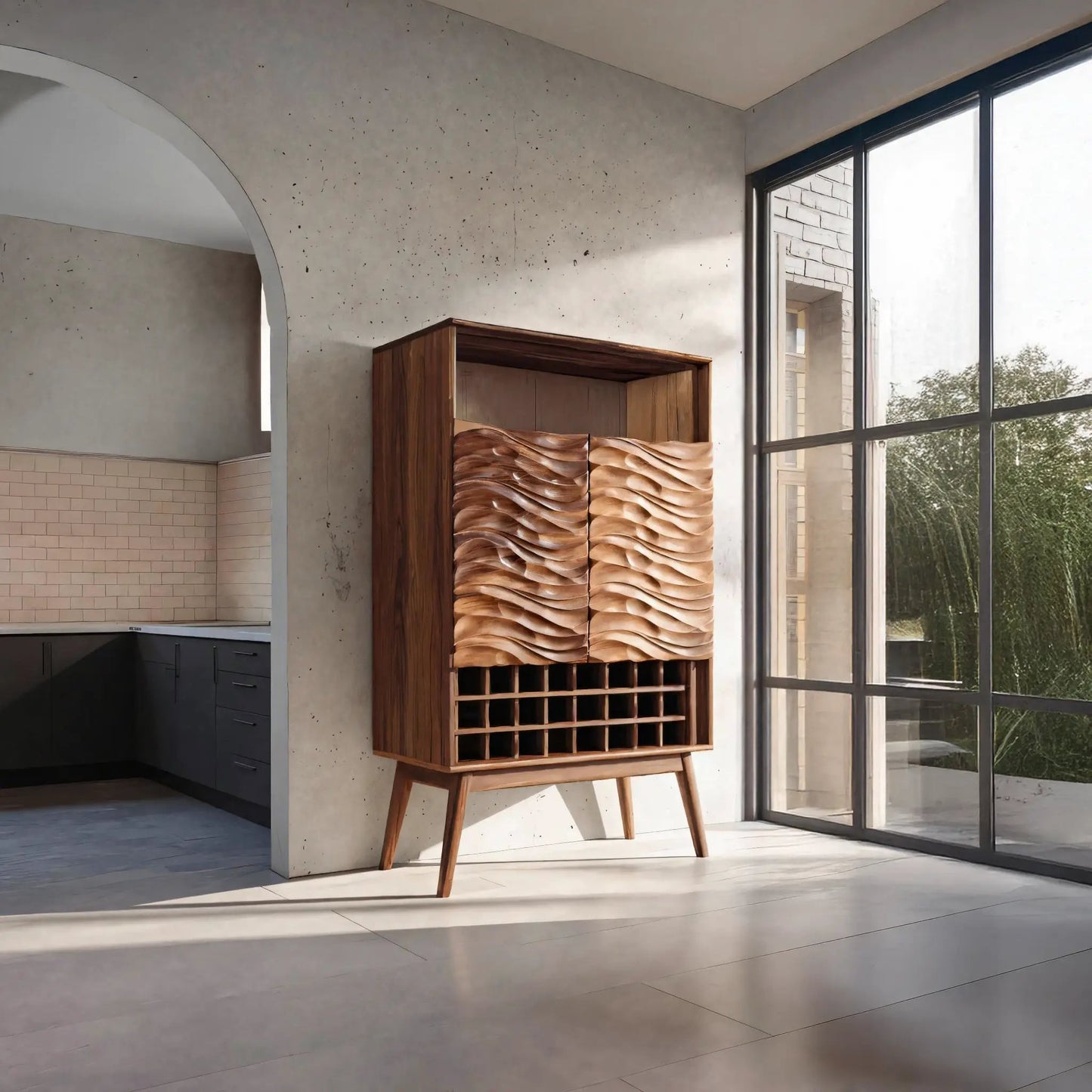 Modern Wine Cabinet With Wave Carved Doors For Kitchen Kitchnce