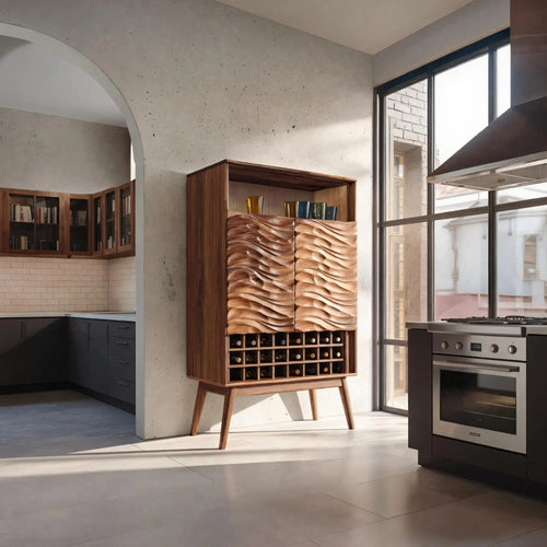 Modern Wine Cabinet With Wave Carved Doors For Kitchen Kitchnce