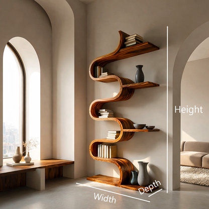 Modern Sculptural Wooden Wave Bookshelf For Living Space Kitchnce