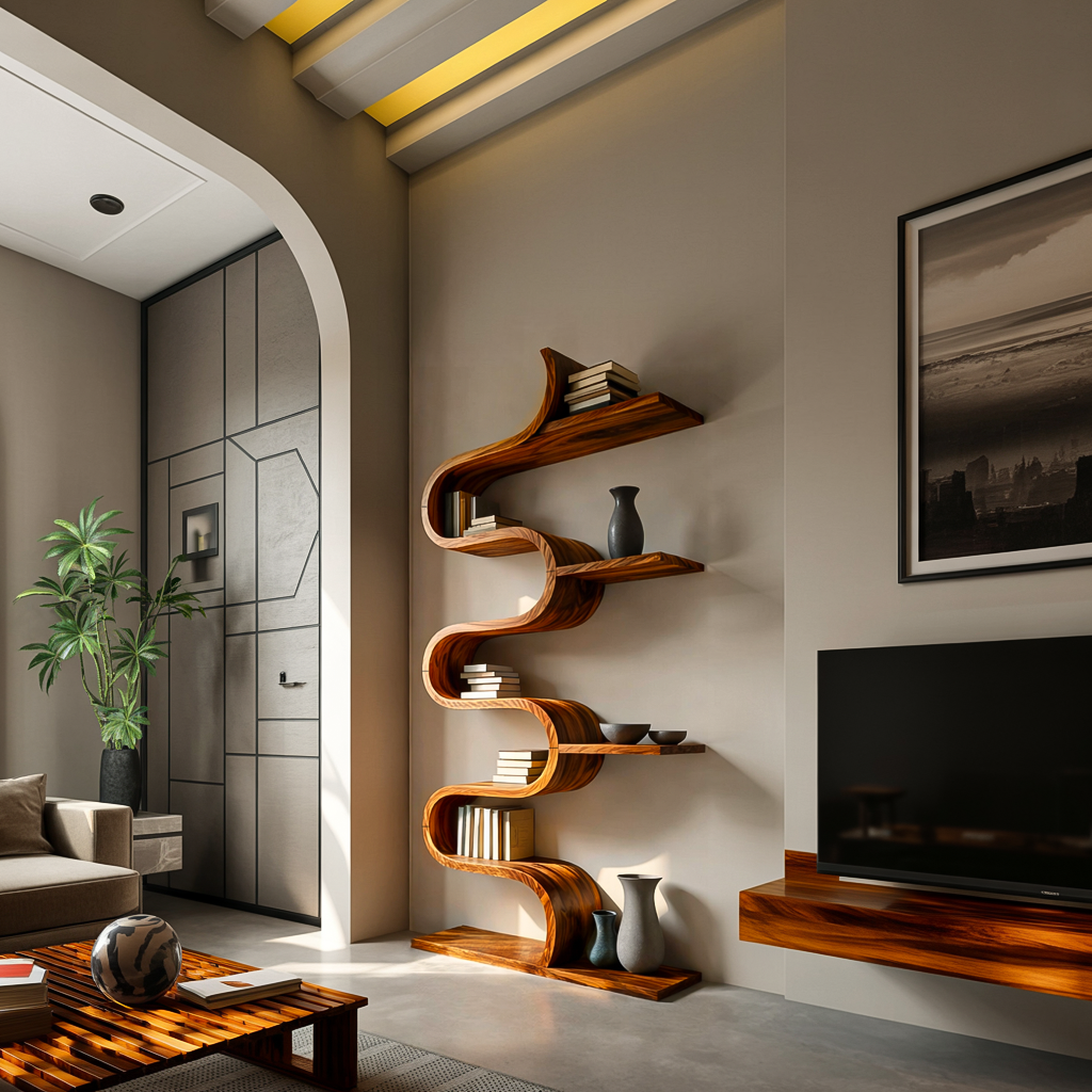 Modern Sculptural Wooden Wave Bookshelf For Living Space Kitchnce