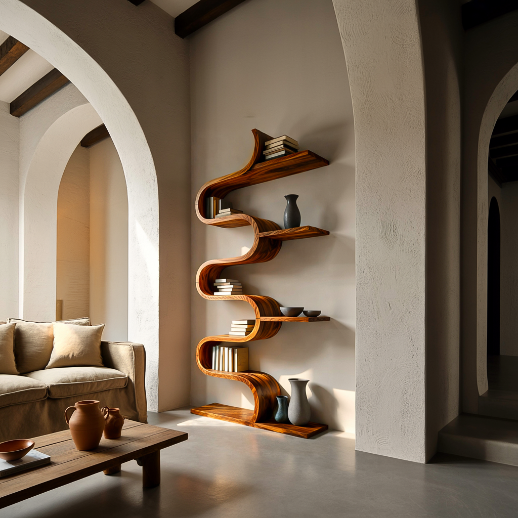 Modern Sculptural Wooden Wave Bookshelf For Living Space Kitchnce