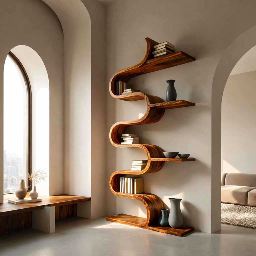Modern Sculptural Wooden Wave Bookshelf For Living Space Kitchnce