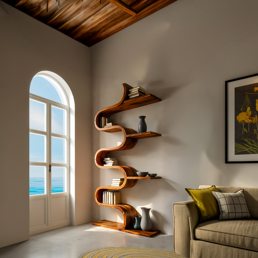 Modern Sculptural Wooden Wave Bookshelf For Living Space Kitchnce