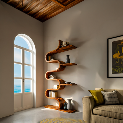 Modern Sculptural Wooden Wave Bookshelf For Living Space Kitchnce
