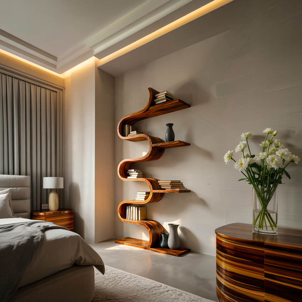 Modern Sculptural Wooden Wave Bookshelf For Living Space Kitchnce