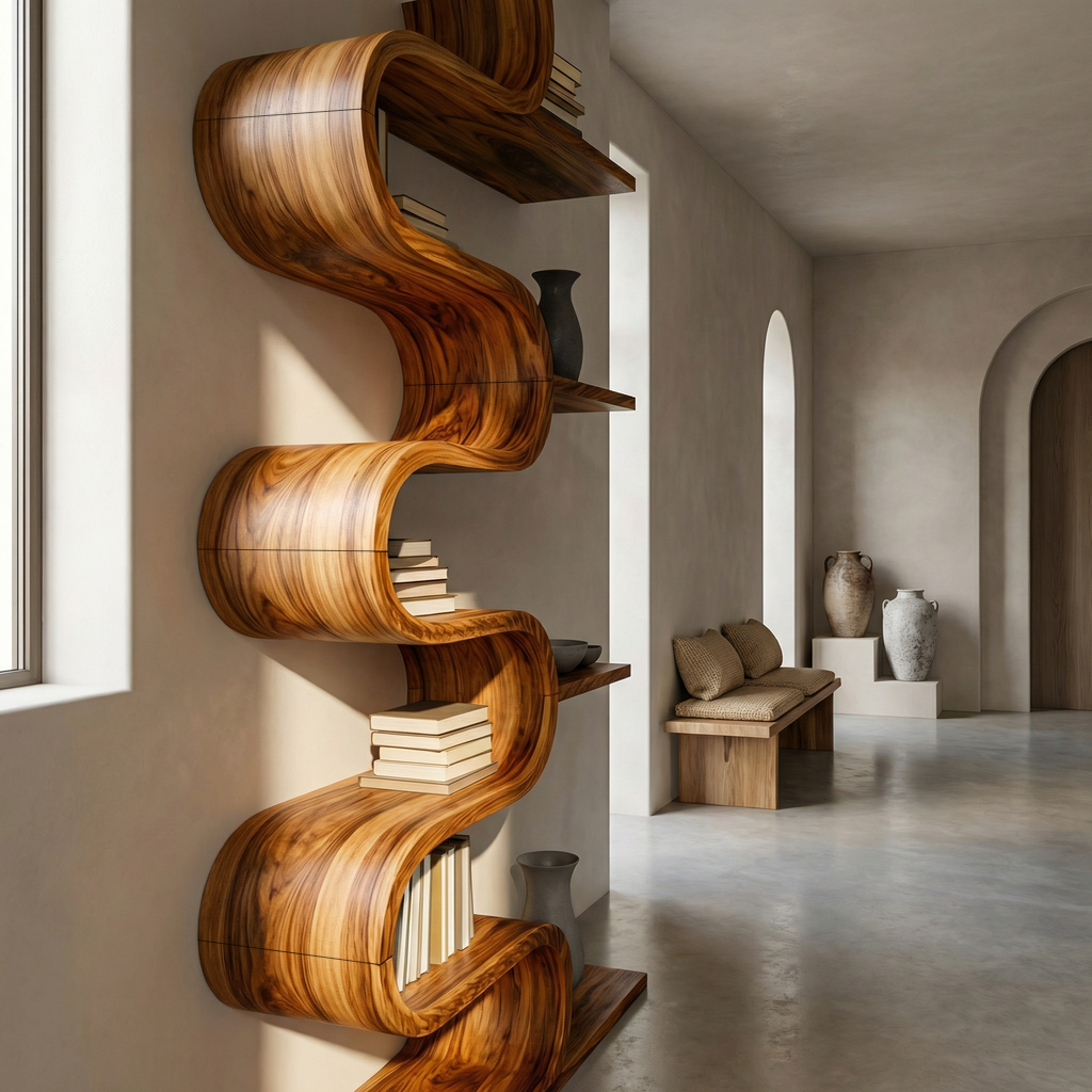 Modern Sculptural Wooden Wave Bookshelf For Living Space Kitchnce