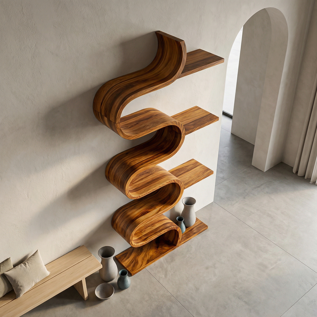 Modern Sculptural Wooden Wave Bookshelf For Living Space Kitchnce