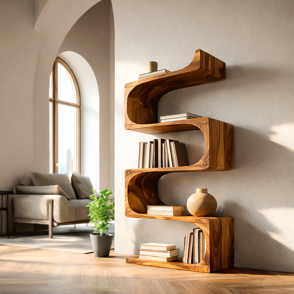 Modern Wooden Flowing Carved Bookshelf For Living Room Kitchnce