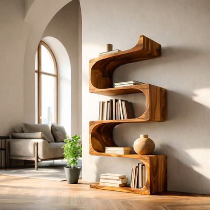 Modern Wooden Flowing Carved Bookshelf For Living Room Kitchnce
