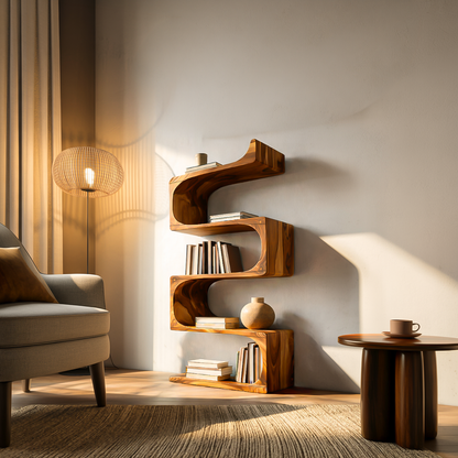 Modern Wooden Flowing Carved Bookshelf For Living Room Kitchnce
