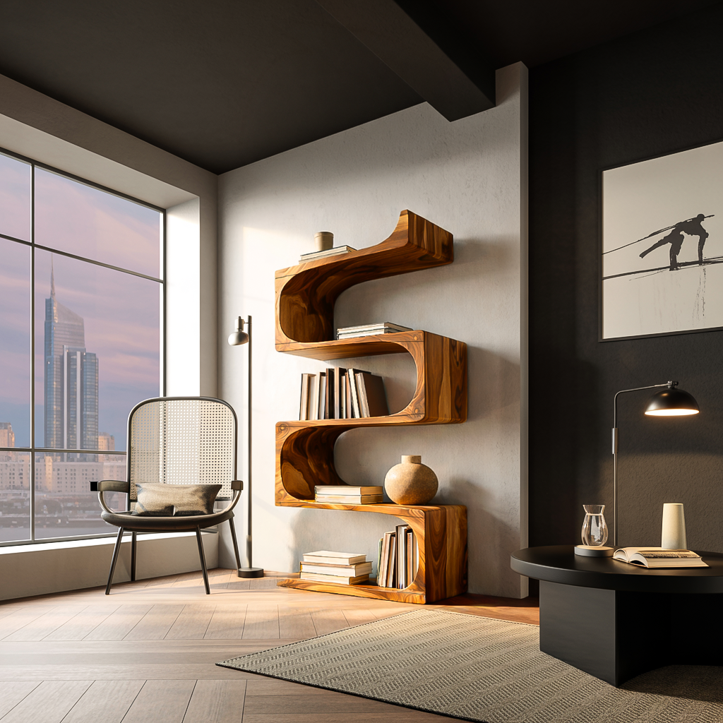 Modern Wooden Flowing Carved Bookshelf For Living Room Kitchnce