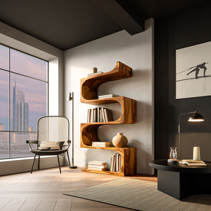 Modern Wooden Flowing Carved Bookshelf For Living Room Kitchnce