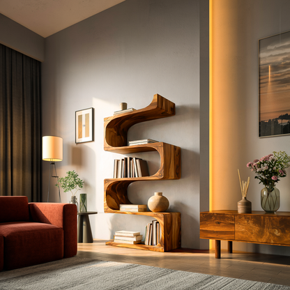 Modern Wooden Flowing Carved Bookshelf For Living Room Kitchnce
