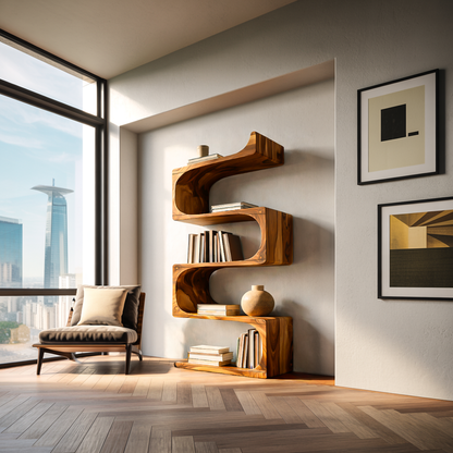 Modern Wooden Flowing Carved Bookshelf For Living Room Kitchnce
