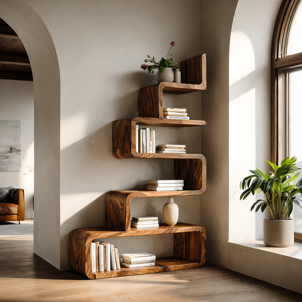 Minimalist Wooden Curved Bookshelf For Modern Interior Kitchnce