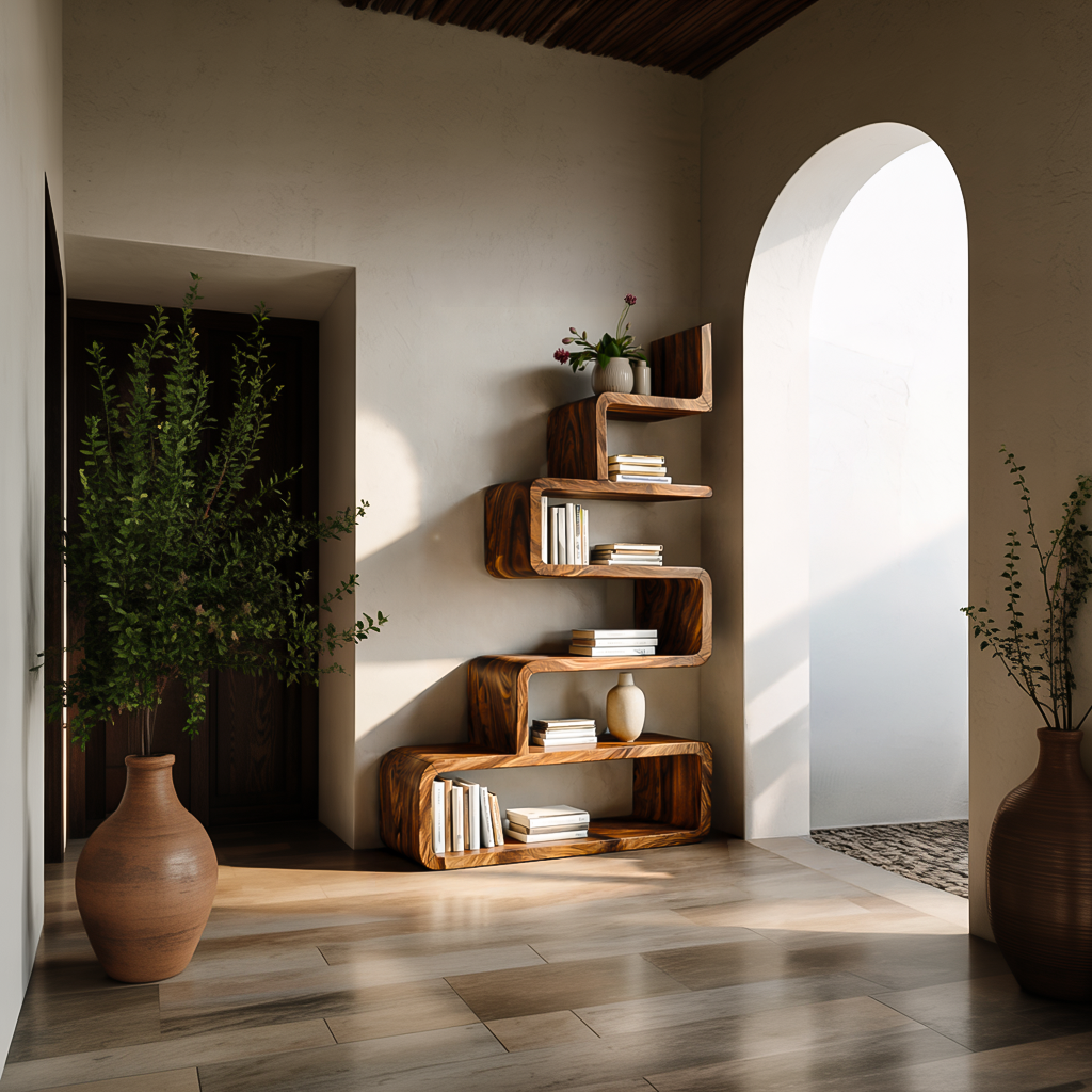 Minimalist Wooden Curved Bookshelf For Modern Interior Kitchnce