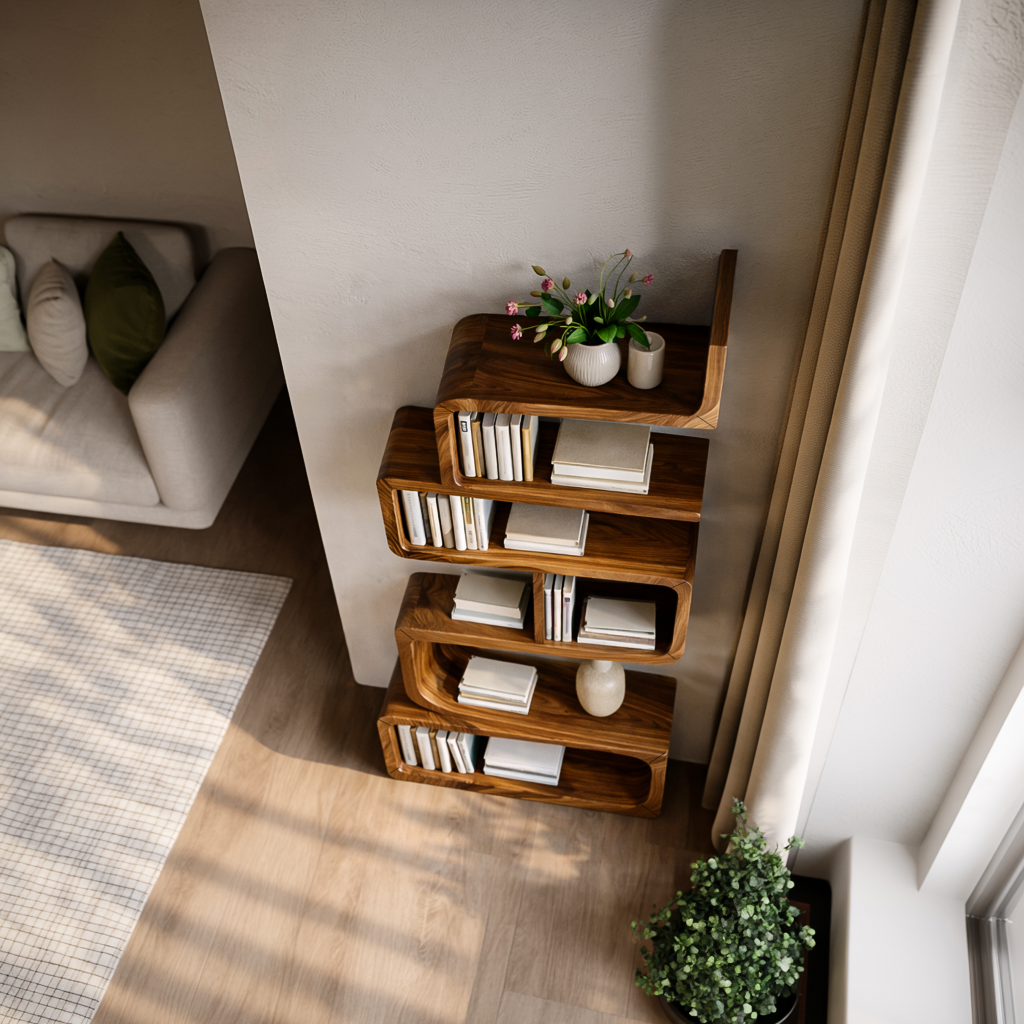 Minimalist Wooden Curved Bookshelf For Modern Interior Kitchnce