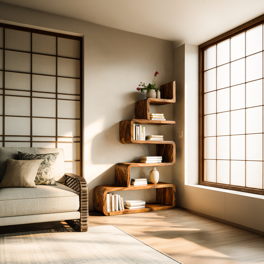 Minimalist Wooden Curved Bookshelf For Modern Interior Kitchnce