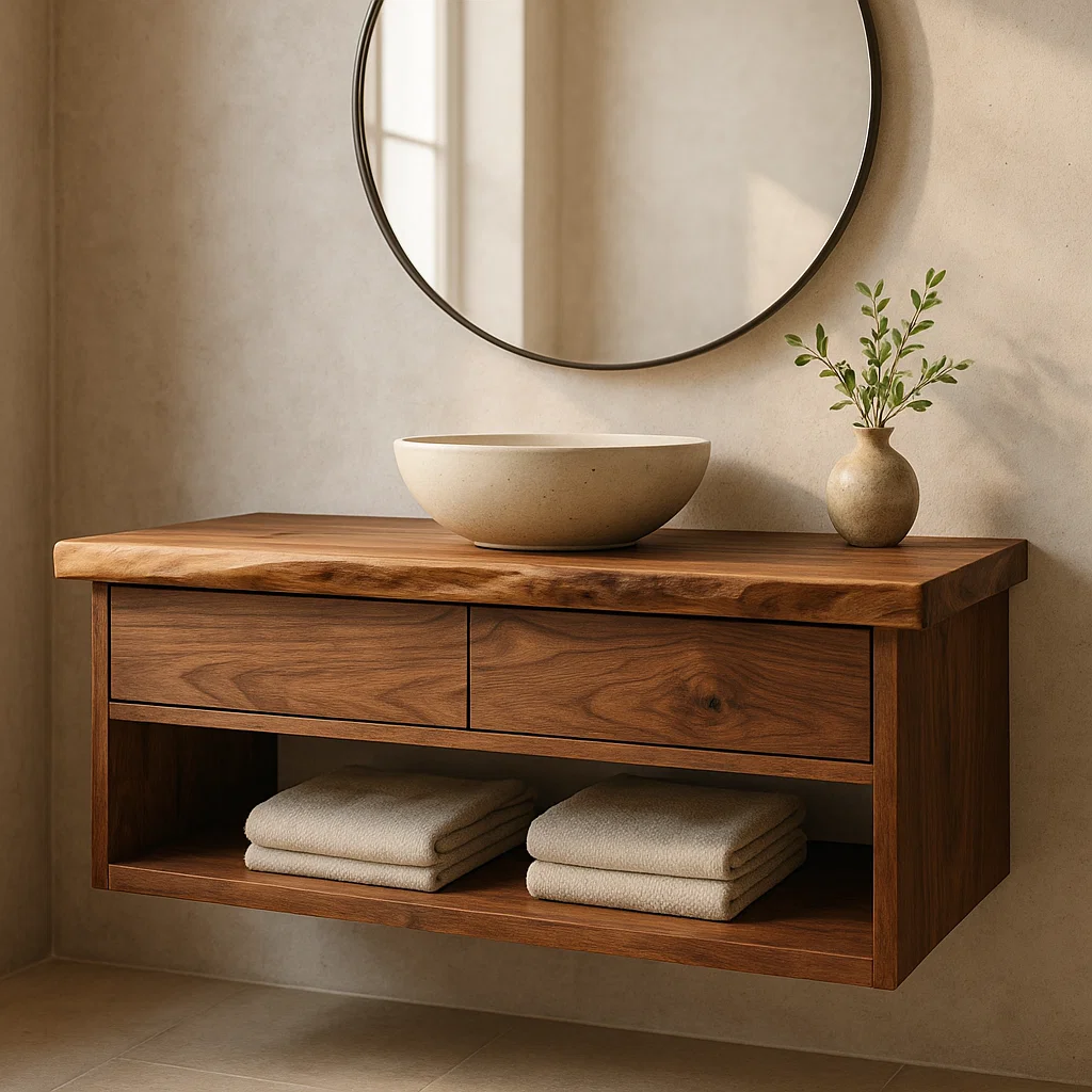 Modern Solid Wood Floating Bathroom Vanity with Live Edge Countertop and Open Shelf Storage