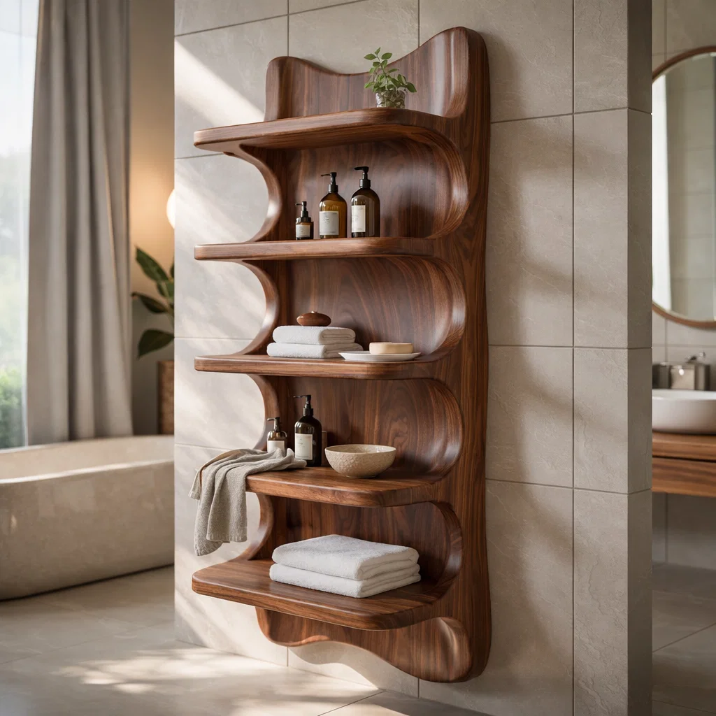 Solid Wood Wall Mounted Bathroom Shelf – Curved Storage Cabinet, Modern Floating Organizer