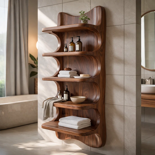 Solid Wood Wall Mounted Bathroom Shelf – Curved Storage Cabinet, Modern Floating Organizer
