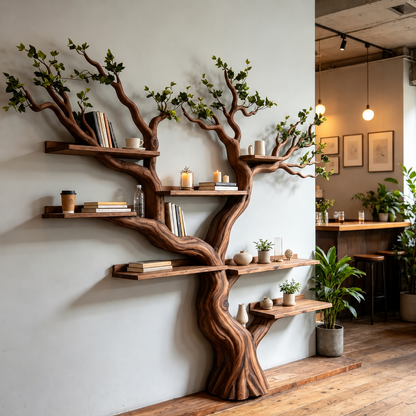 Handcrafted Solid Wood Tree Bookshelf with Leafy Branch Design