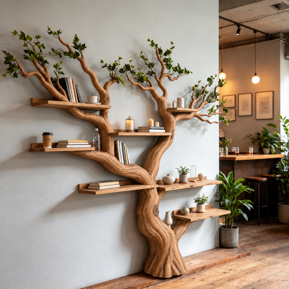 Handcrafted Solid Wood Tree Bookshelf with Leafy Branch Design