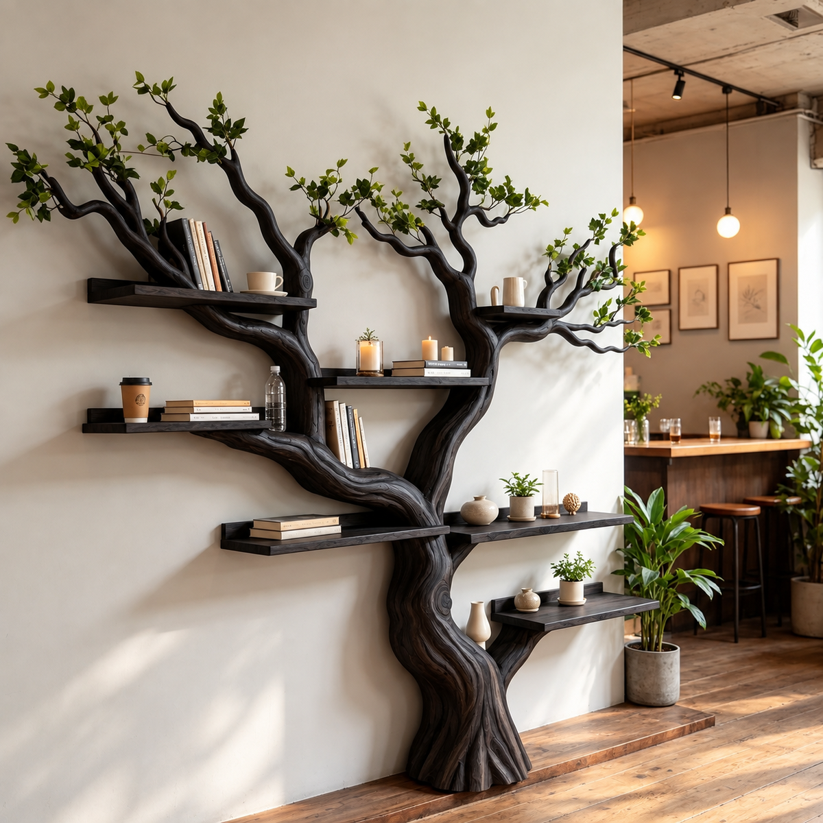 Handcrafted Solid Wood Tree Bookshelf with Leafy Branch Design