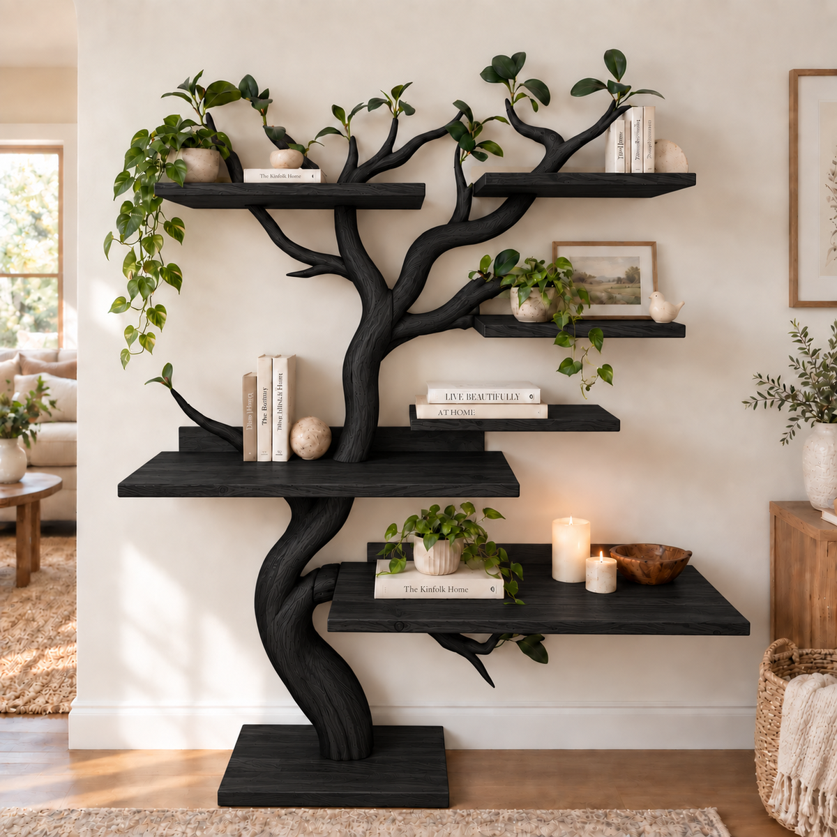 Handcrafted Solid Wood Tree Bookshelf with Natural Branch Design