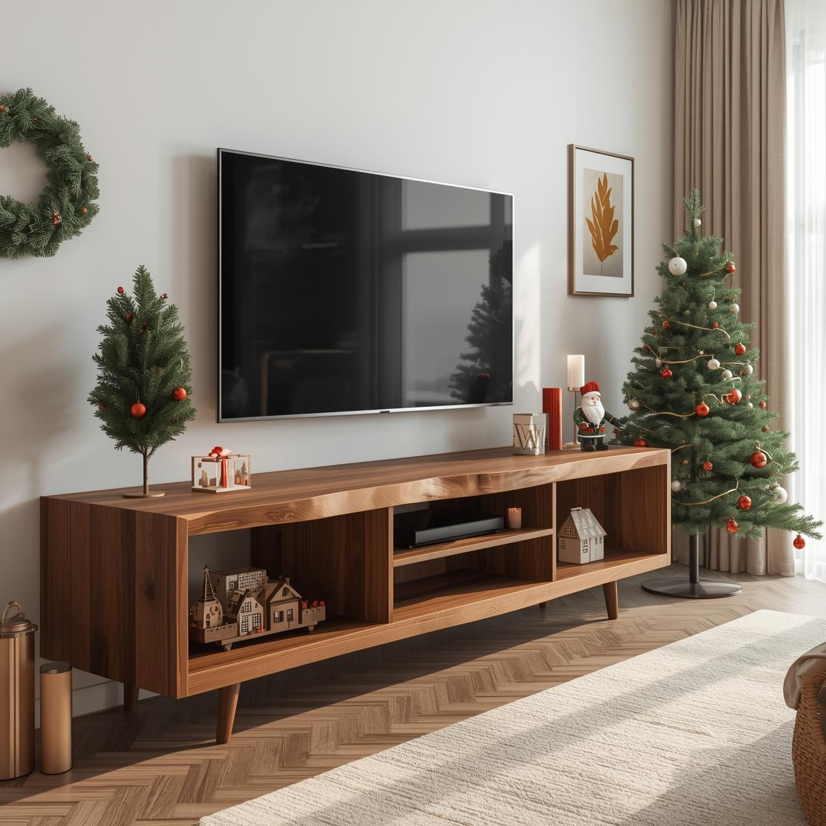 Handcrafted Solid Wood TV Stand with Mid-Century Design and Natural Finish for Modern Living Rooms Kitchnce