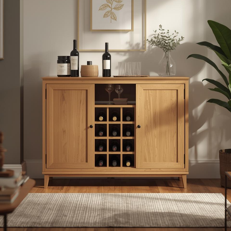 Handcrafted Solid Wood Wine Cabinet Storage Sideboard with Glass Holder Modern Home Bar