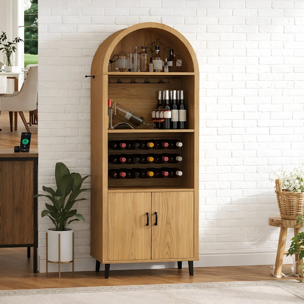 Handcrafted Solid Oak Arched Wine Cabinet Scandinavian Bar Storage with Bottle Display
