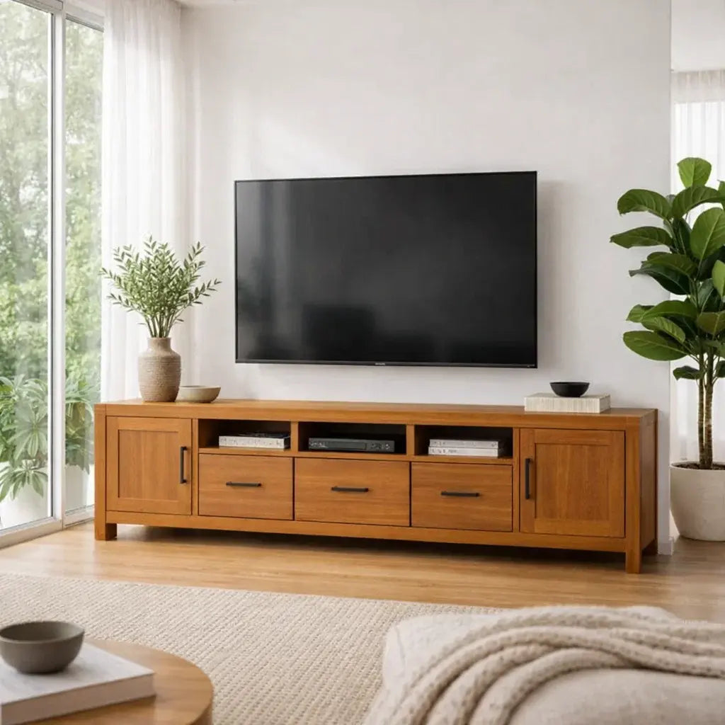 Solid Wood TV Cabinet with Drawers – Modern Walnut Media Console Kitchnce