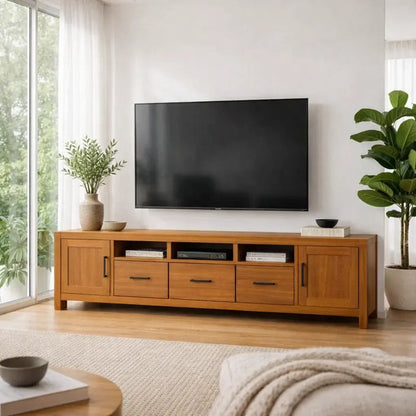 Solid Wood TV Cabinet with Drawers – Modern Walnut Media Console Kitchnce