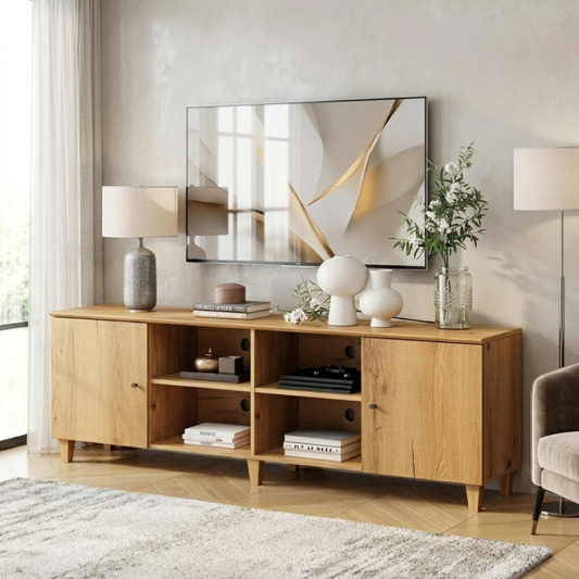 Modern Solid Wood TV Stand with Open Cubes and Side Cabinets Media Console