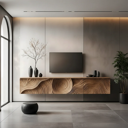 Solid Wood Floating TV Stand Modern Wall Mounted Media Console with Carved Front