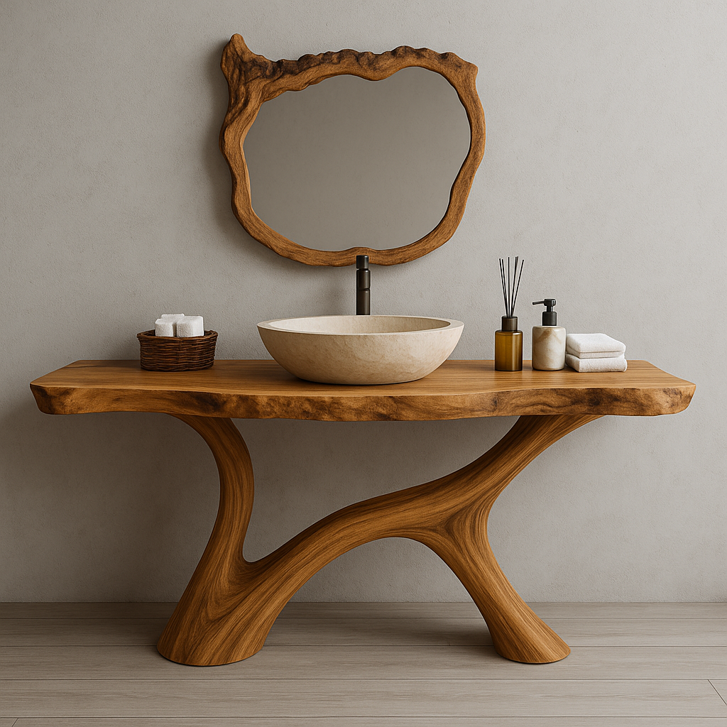 Handcrafted Solid Wood Bathroom Vanity – Organic Live Edge Design with Artistic Mirror Set Kitchnce