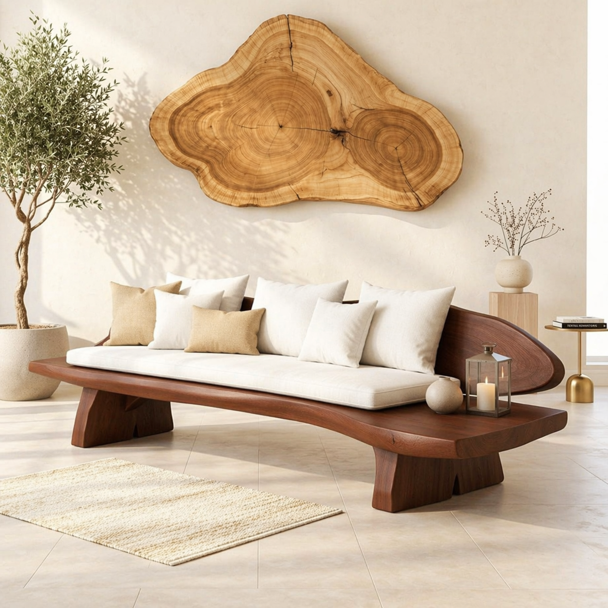 Organic Modern Wooden Sofa, Curved Minimalist Lounge Bench with Oversized Cushions