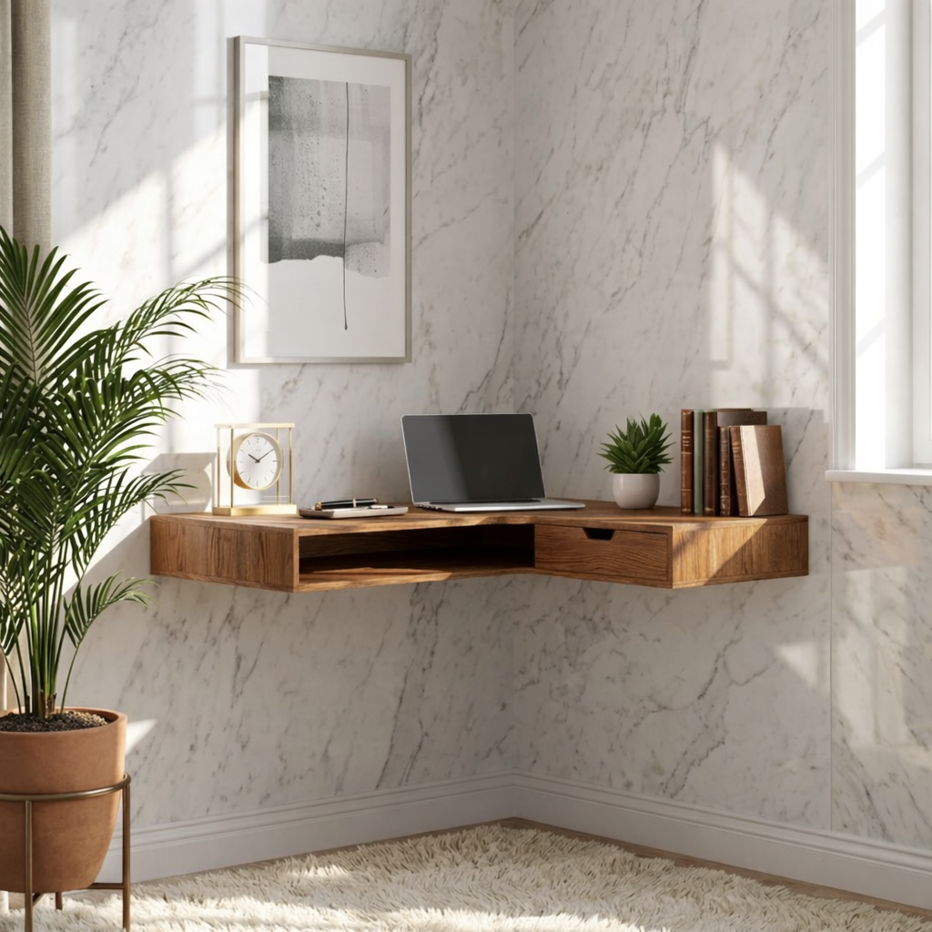 Floating Corner Desk – Slim Walnut Wall Workspace